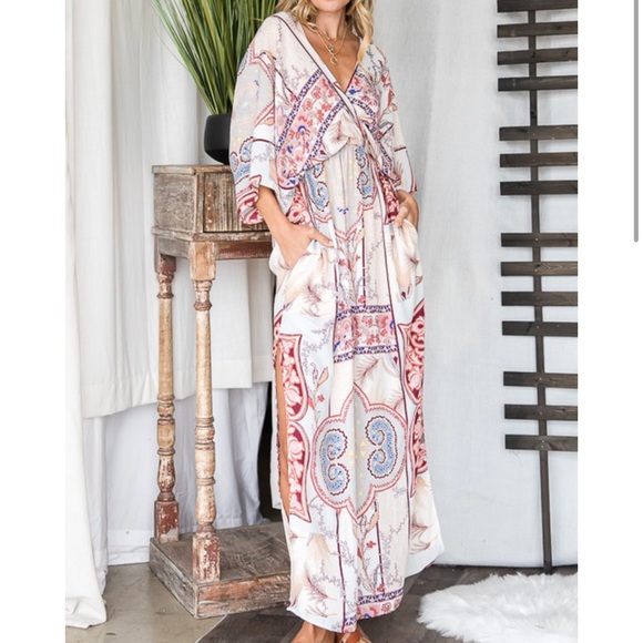 Multi Stripe Floral Print V-Neck Dolman Sleeves Maxi Dress with Side… - Picture 4 of 16